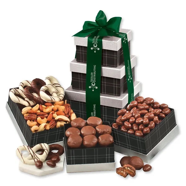 black and silver tower with chocolates and nuts... from ASI 68680 Maple Ridge Farms Inc