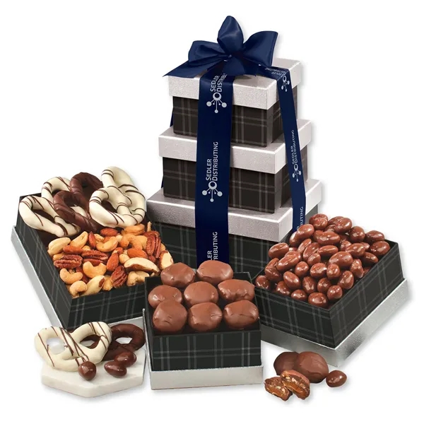black and silver tower with chocolates and nuts... from ASI 68680 Maple Ridge Farms Inc