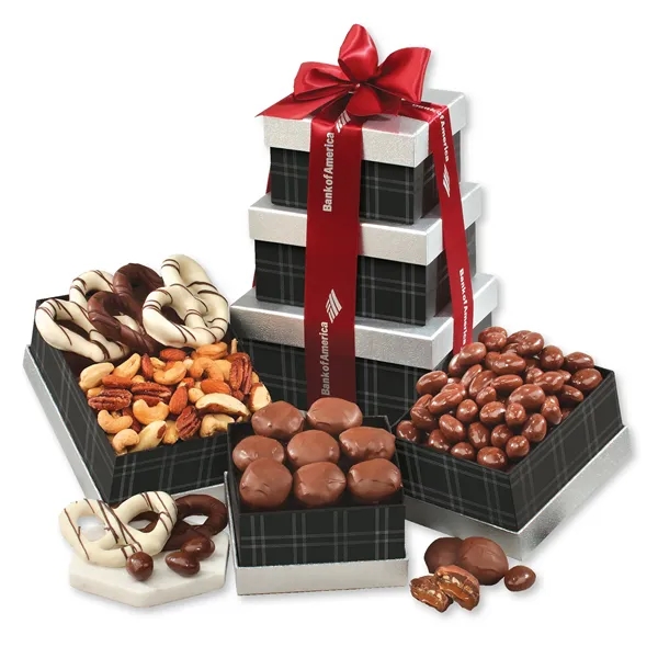 black and silver tower with chocolates and nuts... from ASI 68680 Maple Ridge Farms Inc