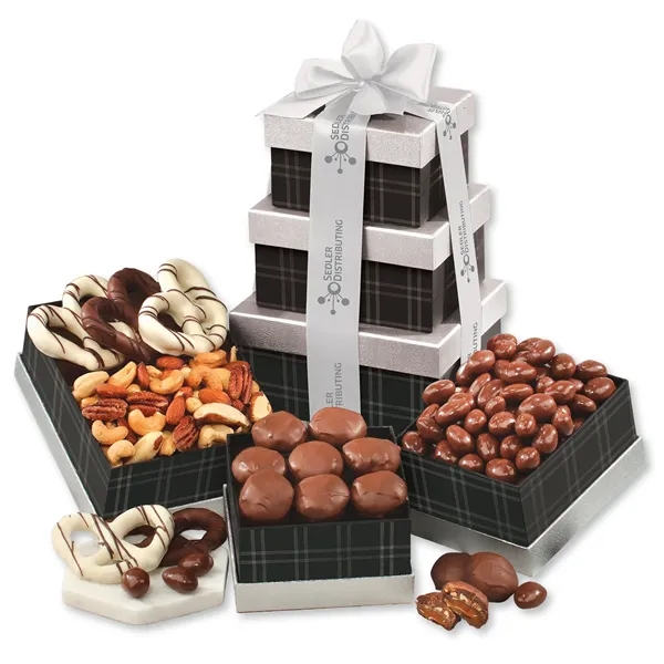 black and silver tower with chocolates and nuts... from ASI 68680 Maple Ridge Farms Inc