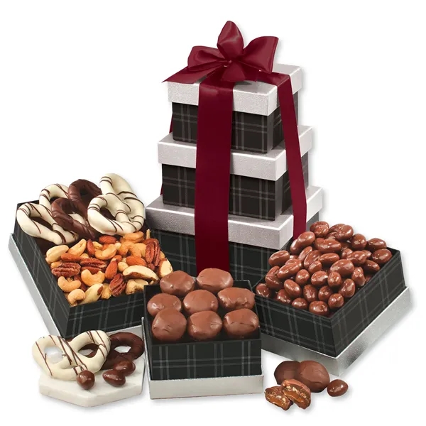 black and silver tower with chocolates and nuts... from ASI 68680 Maple Ridge Farms Inc