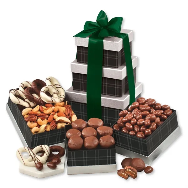 black and silver tower with chocolates and nuts... from ASI 68680 Maple Ridge Farms Inc