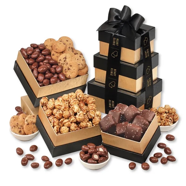gold and black tower filled with chocolates and other treats... from ASI 68680 Maple Ridge Farms Inc