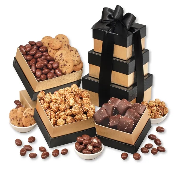 gold and black tower filled with chocolates and other treats... from ASI 68680 Maple Ridge Farms Inc