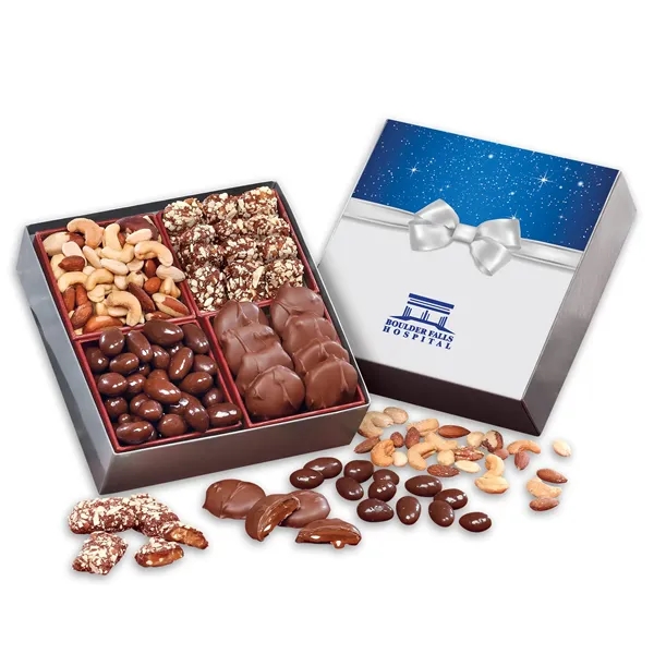 Gift box with a bow sleeve filled with chocolates and nuts.... from ASI 68680 Maple Ridge Farms Inc