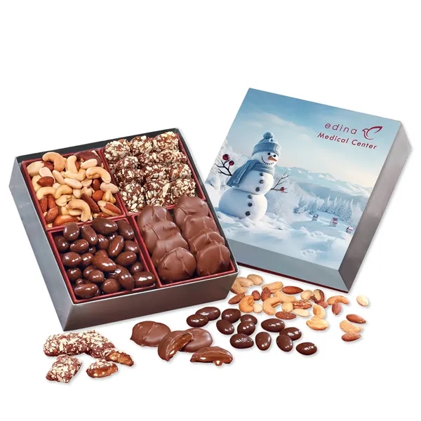 Gift box with a blue snowman sleeve filled with chocolates and... from ASI 68680 Maple Ridge Farms Inc