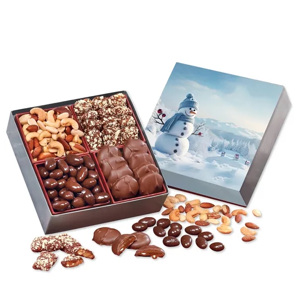 Gift box with a blue snowman sleeve filled with chocolates and... from ASI 68680 Maple Ridge Farms Inc