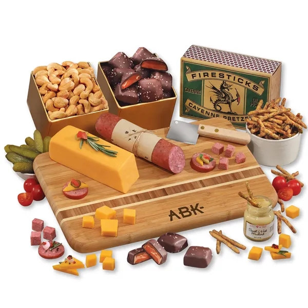 Bamboo serving board with Wisconsin cheese, sausage, and other treats... from ASI 68680 Maple Ridge Farms Inc