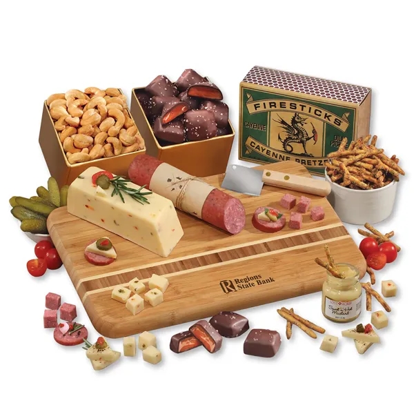Bamboo serving board with shelf stable Wisconsin cheese, sausage, and other... from ASI 68680 Maple Ridge Farms Inc