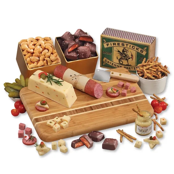 Bamboo serving board with shelf stable Wisconsin cheese, sausage, and other... from ASI 68680 Maple Ridge Farms Inc