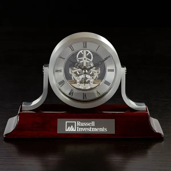 5.5" x 8.5" x 2.5" silver skeleton clock with piano finish... from ASI 68507 The Magnet Group / Benchmark Crystal & Clocks