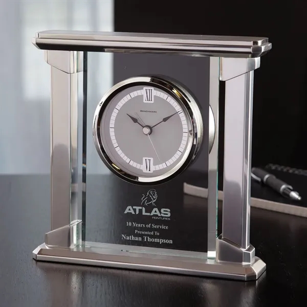 Desktop clock suspended in solid glass panel and bordered with solid... from ASI 68507 The Magnet Group / Benchmark Crystal & Clocks