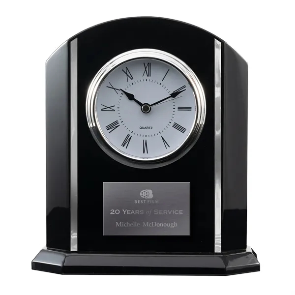 Analog desk clock with black piano wood finish, silver accents and... from ASI 68507 The Magnet Group / Benchmark Crystal & Clocks