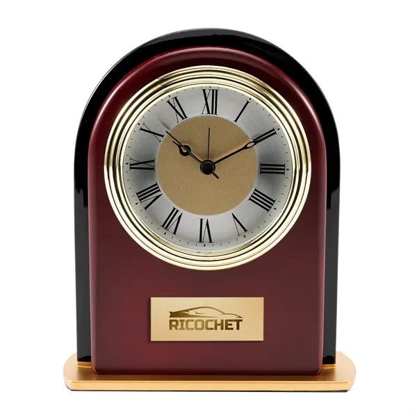 Arched rosewood clock with gold base, silver and gold dial and... from ASI 68507 The Magnet Group / Benchmark Crystal & Clocks
