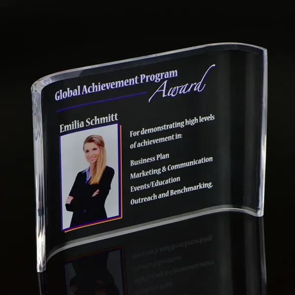 5" x 7" arc shaped award made of clear acrylic with... from ASI 68507 The Magnet Group / Benchmark Crystal & Clocks