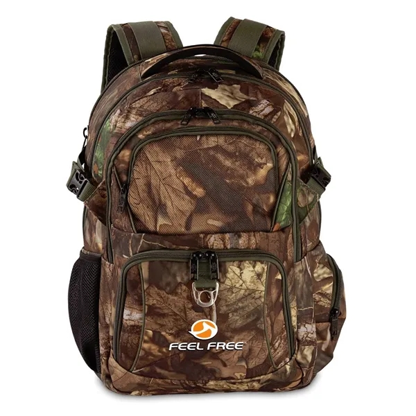 Camo backpack made with soft shoulder straps, ergonomic ventilation, colored accents... from ASI 68507 The Magnet Group / The Bag Factory®