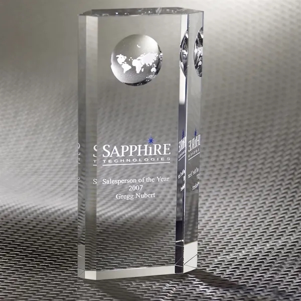 Optically perfect glass award with a free-standing obelisk, sharp side cuts... from ASI 68507 The Magnet Group / Benchmark Crystal & Clocks