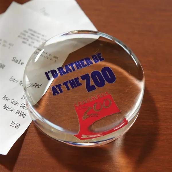 Circle shaped paperweight with customization.... from ASI 68507 The Magnet Group / Benchmark Crystal & Clocks