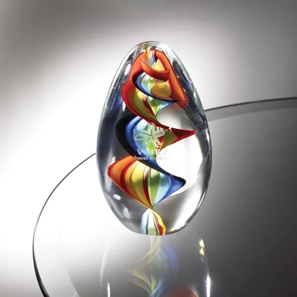 6.5" x 3.25" x 3.25" egg-shaped art glass award with rainbow... from ASI 68507 The Magnet Group / Benchmark Crystal & Clocks