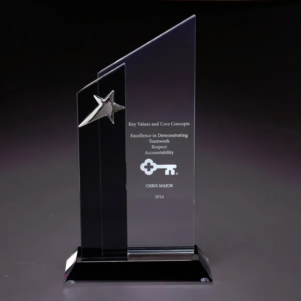 Clear and black glass award with gleaming silver star and complementary... from ASI 68507 The Magnet Group / Benchmark Crystal & Clocks