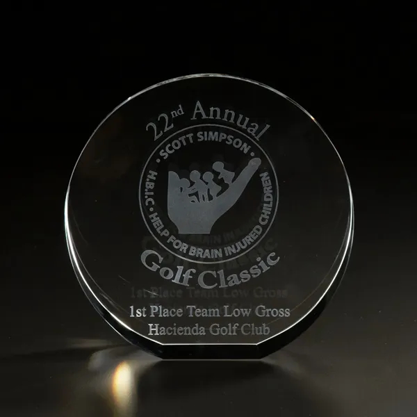 6" x 5.75" x 1.25" 3D circle crystal award.... from ASI 68507 The Magnet Group / Benchmark Crystal & Clocks