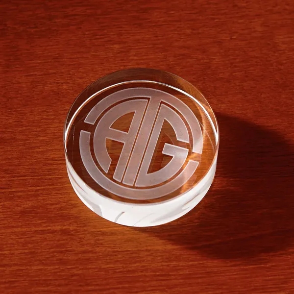 Crystal paperweight with circular shape and customization.... from ASI 68507 The Magnet Group / Benchmark Crystal & Clocks
