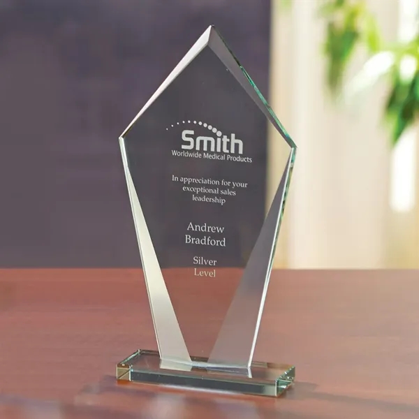 7.75" x 3.75" x 1.75" diamond shaped glass award with beautiful... from ASI 68507 The Magnet Group / Benchmark Crystal & Clocks