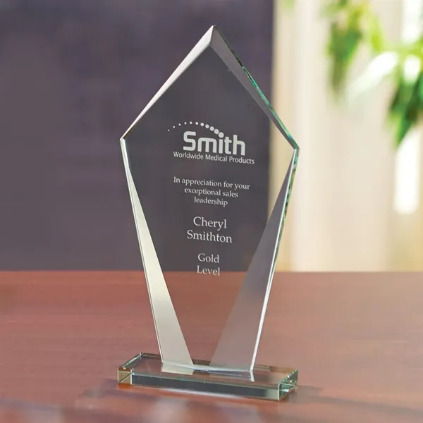8.75" x 4.06" x 1.75" diamond shaped glass award with beautiful... from ASI 68507 The Magnet Group / Benchmark Crystal & Clocks