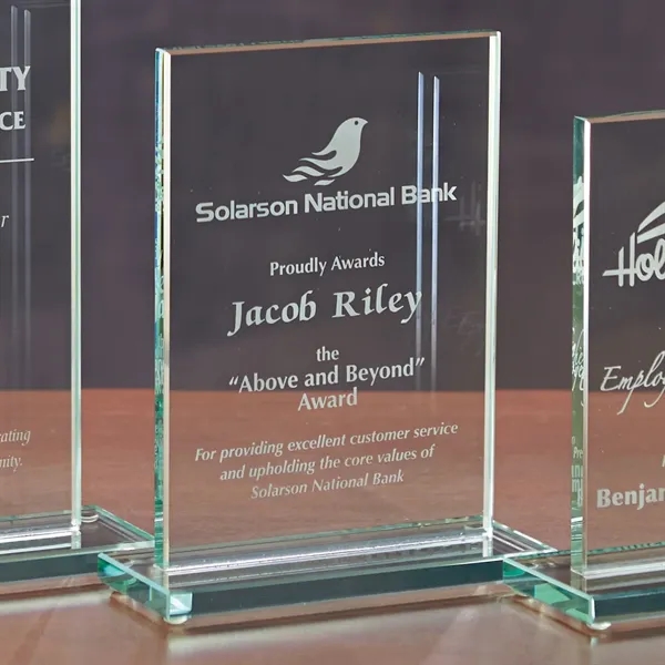 7.25" rectangular shaped glass award with large imprint area.... from ASI 68507 The Magnet Group / Benchmark Crystal & Clocks