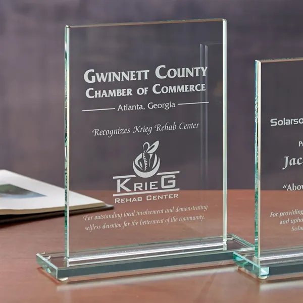 8.5" rectangular shaped glass award with large imprint area.... from ASI 68507 The Magnet Group / Benchmark Crystal & Clocks