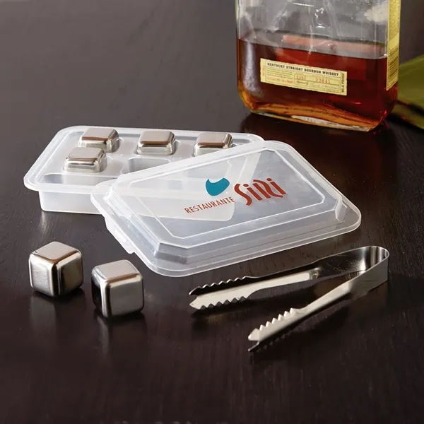 Stainless steel ice cube reusable storage tray set with tongs.... from ASI 68507 The Magnet Group / Benchmark Crystal & Clocks