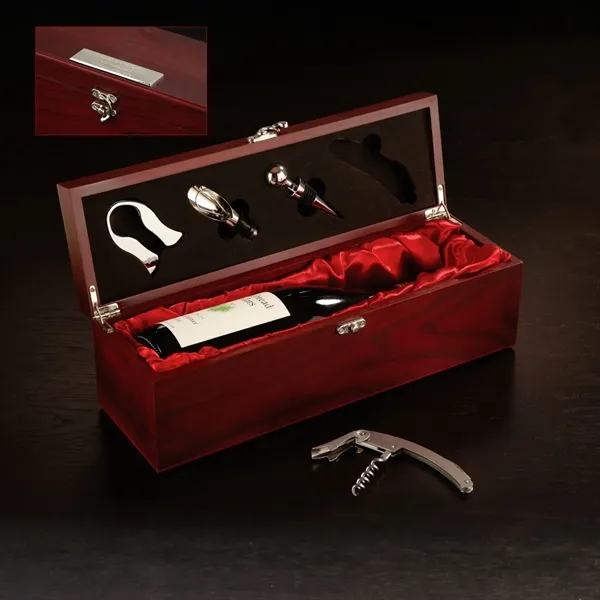 Four useful wine tools in a satin-lined, rosewood-finished wooden box.... from ASI 68507 The Magnet Group / Benchmark Crystal & Clocks