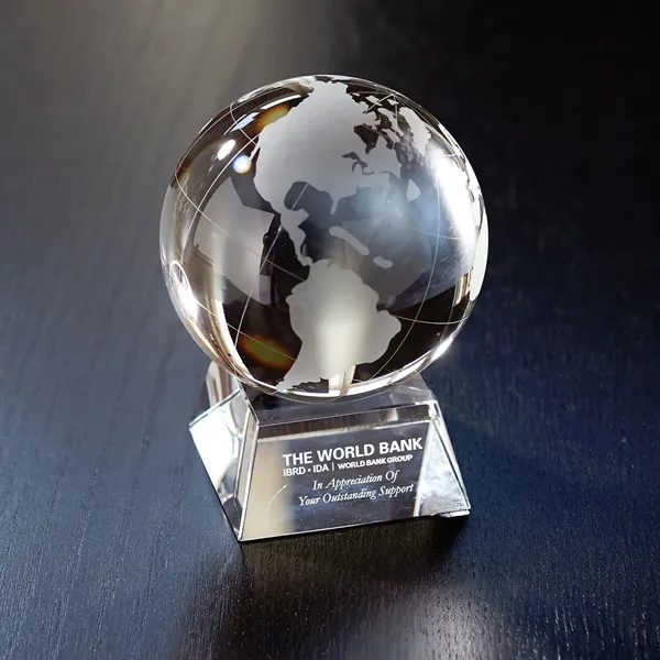 Award that features an optically perfect globe balancing on an indentation... from ASI 68507 The Magnet Group / Benchmark Crystal & Clocks