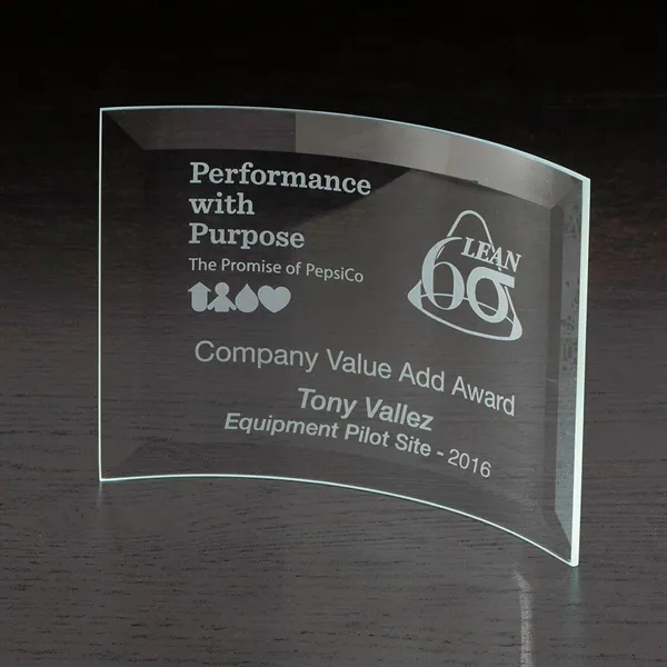 5" x 7" x 0.9" free-standing, clear glass award with curved... from ASI 68507 The Magnet Group / Benchmark Crystal & Clocks