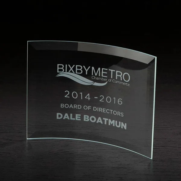 6" x 8" x 0.9" free-standing, clear glass award with curved... from ASI 68507 The Magnet Group / Benchmark Crystal & Clocks