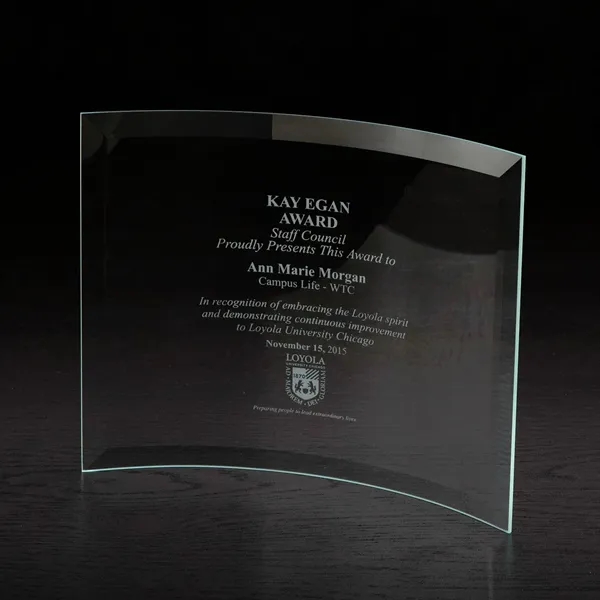 8" x 10" x 0.9" free-standing, clear glass award with curved... from ASI 68507 The Magnet Group / Benchmark Crystal & Clocks