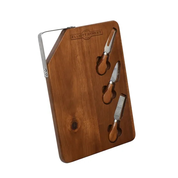 Environmentally sustainable acacia wood cutting board with three cheese knives.... from ASI 68507 The Magnet Group / Benchmark Crystal & Clocks