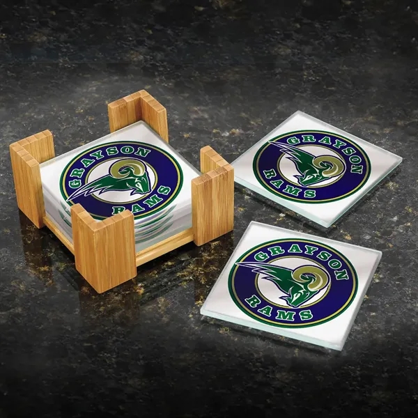 Set of six glass coasters with rubber feet in an environmentally... from ASI 68507 The Magnet Group / Benchmark Crystal & Clocks