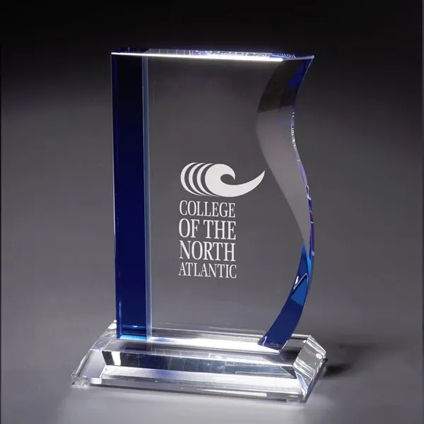 Optically perfect glass award with unique bevels and blue accents.... from ASI 68507 The Magnet Group / Benchmark Crystal & Clocks