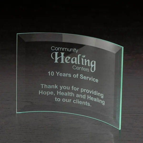 5" x 7" x 0.19" free-standing jade glass award with curved... from ASI 68507 The Magnet Group / Benchmark Crystal & Clocks