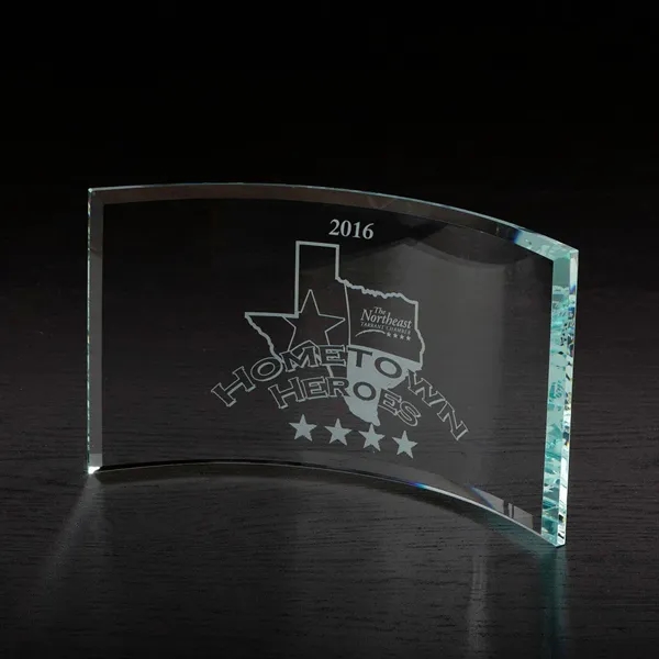 5" x 9" x 0.38" free-standing glass award with curved shape... from ASI 68507 The Magnet Group / Benchmark Crystal & Clocks