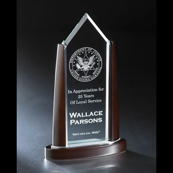 11" x 6.5" x 2.25" wood and glass award with customization... from ASI 68507 The Magnet Group / Benchmark Crystal & Clocks
