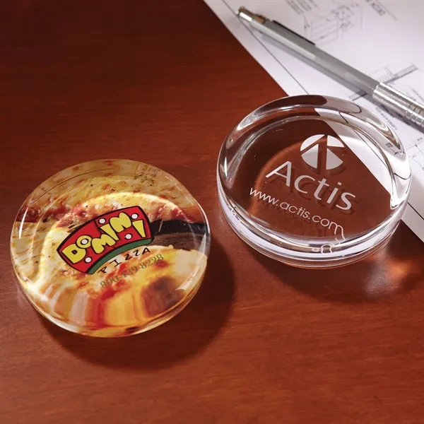 Flat round paperweight award with customization.... from ASI 68507 The Magnet Group / Benchmark Crystal & Clocks