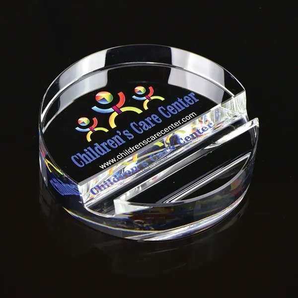 Optically perfect round crystal paperweight smartphone stand or business card holder.... from ASI 68507 The Magnet Group / Benchmark Crystal & Clocks