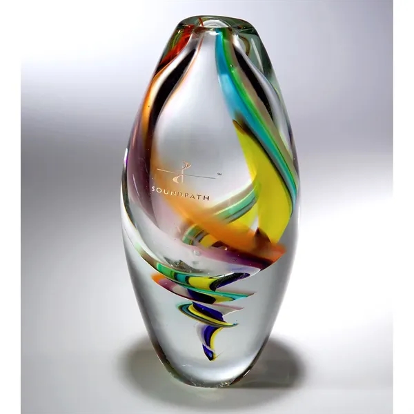 8.75" x 4" x 4" art glass award with sleek oval... from ASI 68507 The Magnet Group / Benchmark Crystal & Clocks