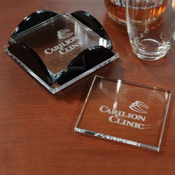 Set of 4, square shaped glass coasters with clear rubber feet... from ASI 68507 The Magnet Group / Benchmark Crystal & Clocks
