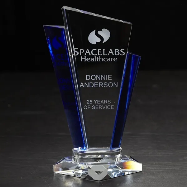 9.5" x 5.13" x 3" optically perfect glass award with angled... from ASI 68507 The Magnet Group / Benchmark Crystal & Clocks