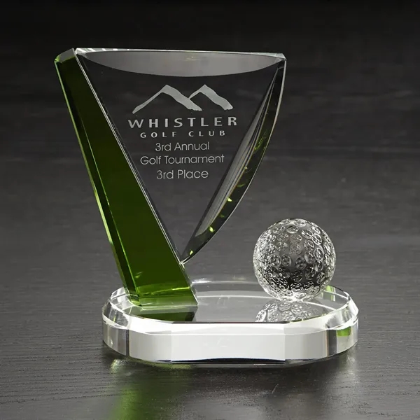 6.25" x 5" x 2.75" golf themed award made of glass.... from ASI 68507 The Magnet Group / Benchmark Crystal & Clocks
