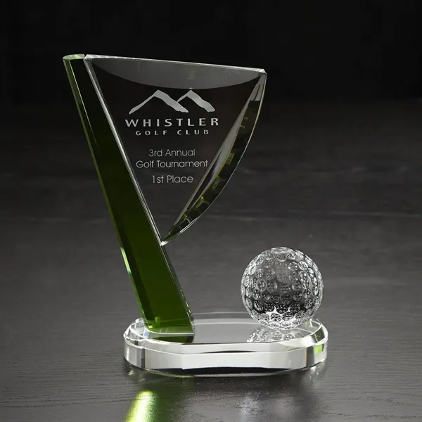 7.5" x 5.5" x 2.75" golf themed award made of glass.... from ASI 68507 The Magnet Group / Benchmark Crystal & Clocks
