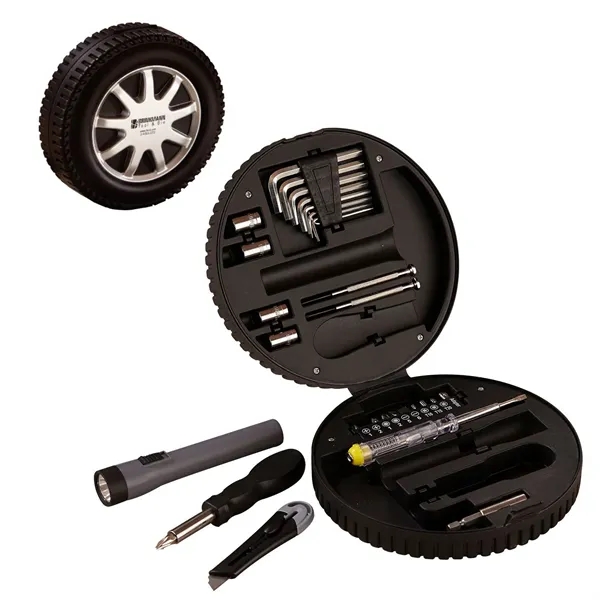 Tire-shaped tool kit with Allen wrenches, screwdrivers, flashlight, and seatbelt cutter.... from ASI 68507 The Magnet Group / Innovations by Magnet™